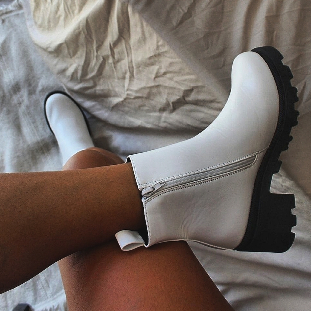 White faux leather moto boots